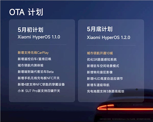 小米SU7计划5月初推送首次OTA：无线CarPlay将上线！iPhone用户最优选