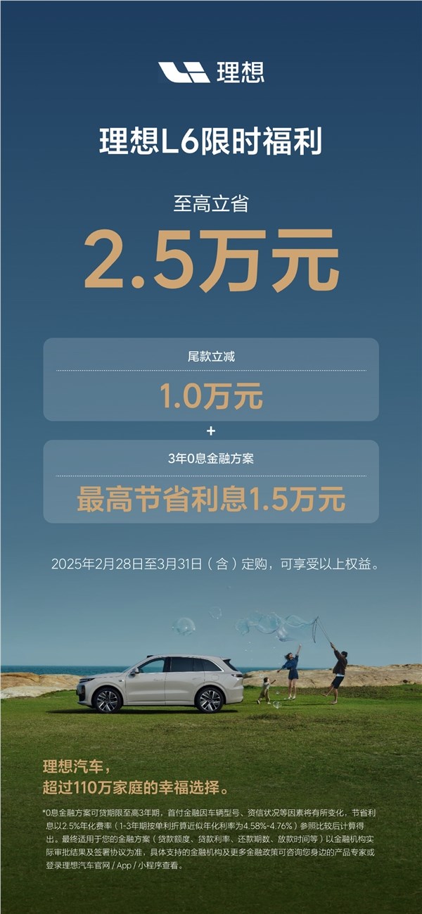 理想L系SUV限时福利来了：至高优惠1.6万外加3年0息贷