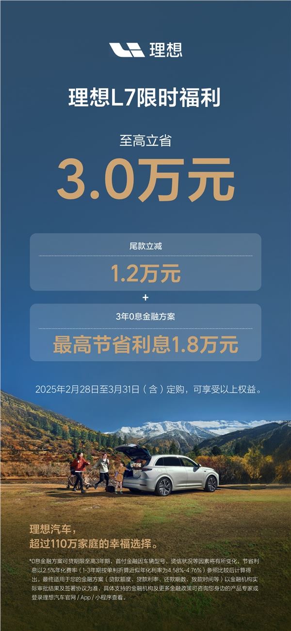 理想L系SUV限时福利来了：至高优惠1.6万外加3年0息贷